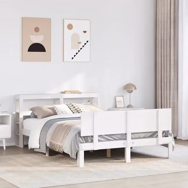 Giroletto con Testiera Bianco 150x200 cm Legno Massello di Pino 3306089
