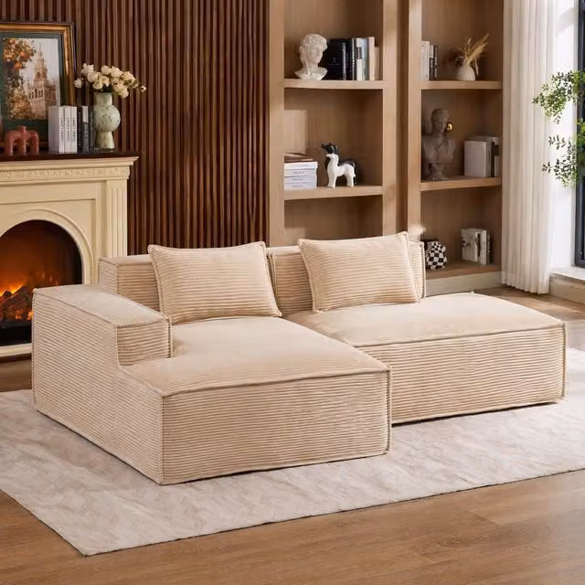 Divano lineare in tessuto con due cuscini e seduta elastica per piccoli spazi, colore khaki 235 cm