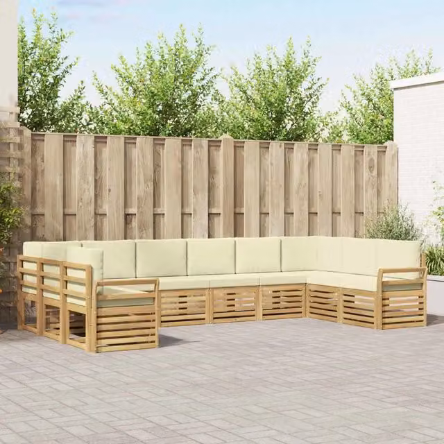 Set di divani da esterno a L vidaXL in legno di acacia con cuscini bianchi e beige – 1