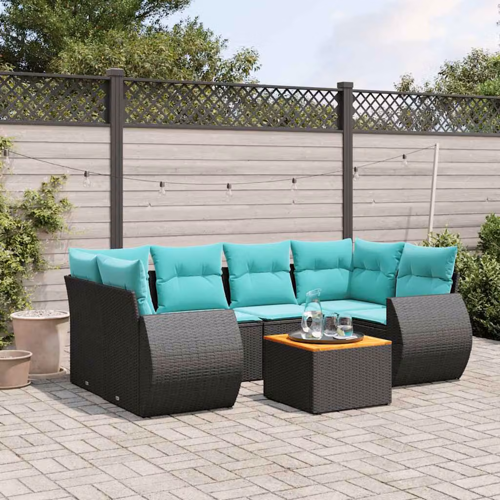Set di divani da giardino vidaXL in polyrattan nero con cuscini e tavolino da esterno a forma di L