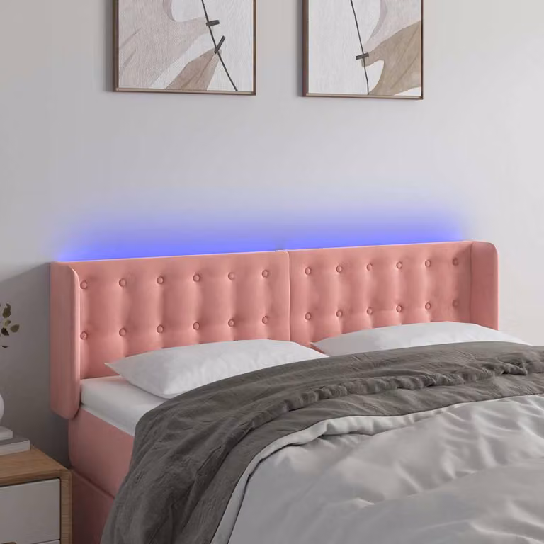Testiera per letto vidaXL in velluto rosa con illuminazione LED e porta di ricarica USB, L 147 cm x P 16 cm x H 78/88 cm