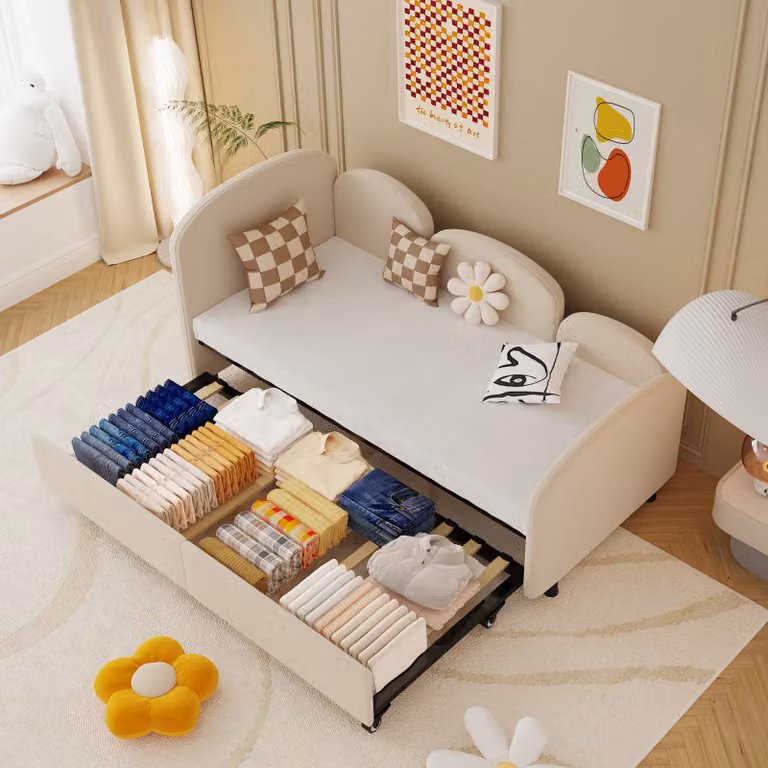 okwish Letto da giorno 90x200 cm con letto inferiore pieghevole 90x190 cm e griglia in legno, Letto da giorno per bambini (senza materasso) - Beige