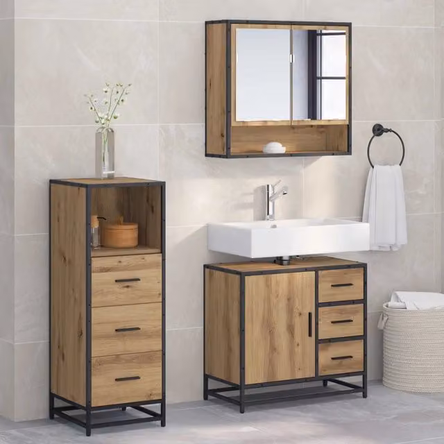 Set di mobili per il bagno 3 pz Rovere artigianale 3402333