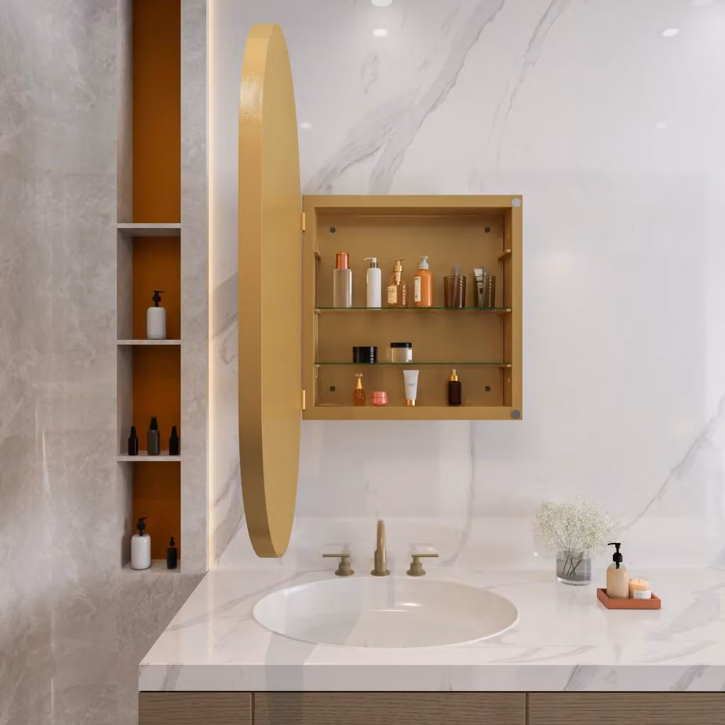 Armadietto a specchio ovale OKWISH per bagno con struttura in metallo e 2 ripiani in vetro regolabili oro