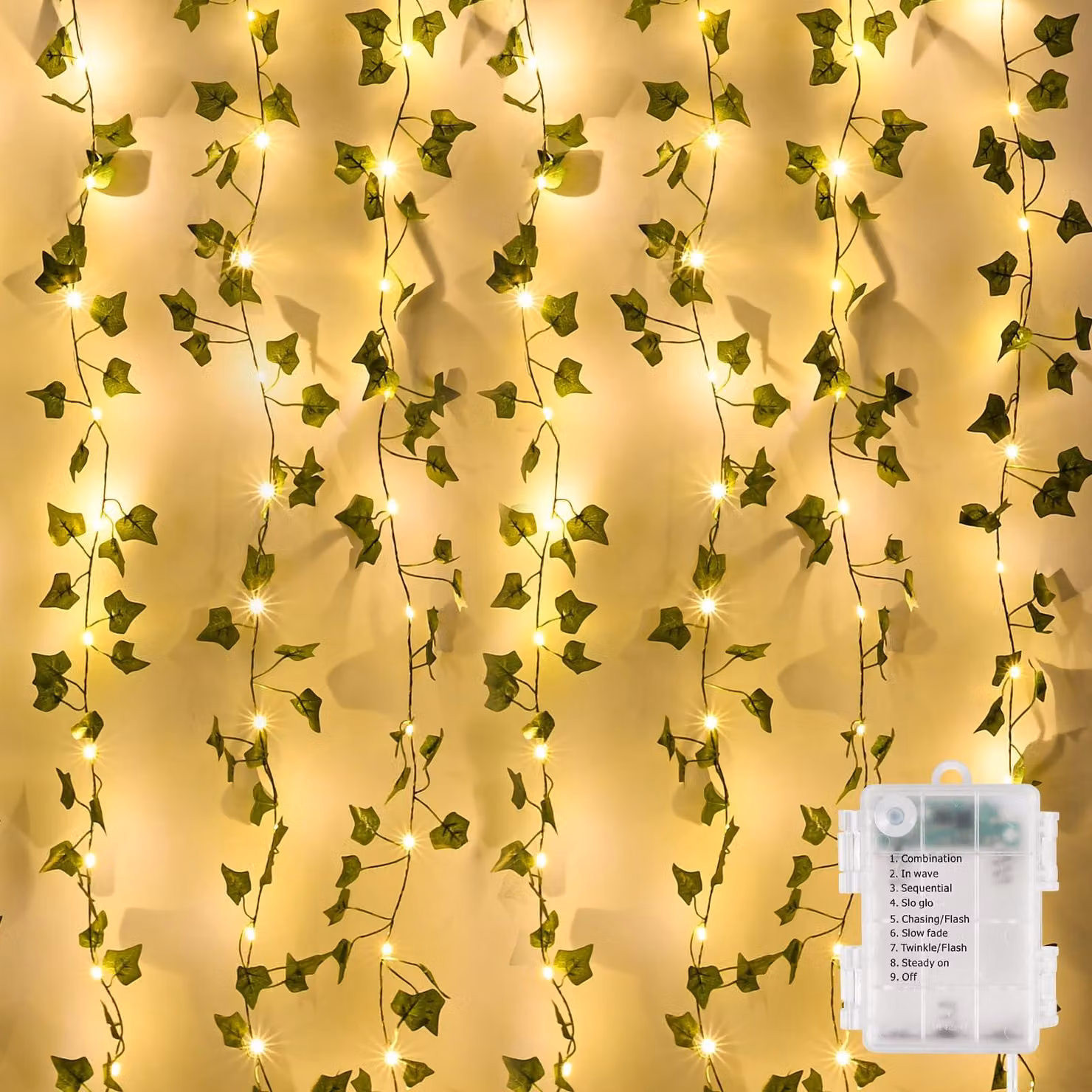 Catena luminosa a LED con decorazioni di edera artificiale, lunghezza 10 metri, 100 LED a luce calda, alimentazione a batteria