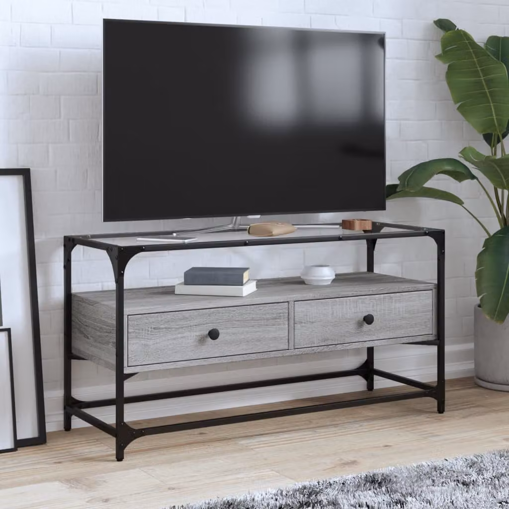 Mobile TV Stand vidaXL in Legno Multistrato e Vetro, Grigio Sonoma, L 98 x P 35 x H 51 cm