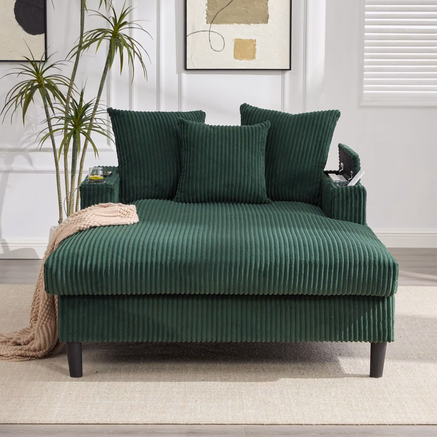 Chaise longue moderna a L in velluto verde con illuminazione LED e porta bicchieri Aosom Italy L/P/H: 170 x 129 x 70 cm – 2
