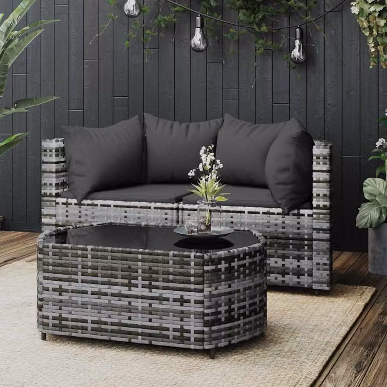 Set da giardino moderno vidaXL composto da divano a 3 posti, elemento angolare e tavolino da esterno con cuscini in antracite e struttura in metallo e rattan