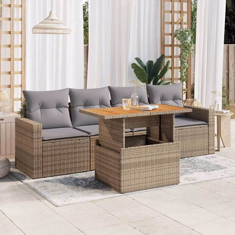 Set Divano da Giardino vidaXL 5 Pezzi in Polyrattan con Cuscini Beige e Tavolino, Design Moderno a L per Terrazza e Giardino