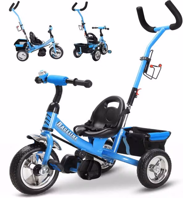 Triciclo per bambini Raceline Spielwerk azzurro in metallo e plastica con maniglia di spinta – 1