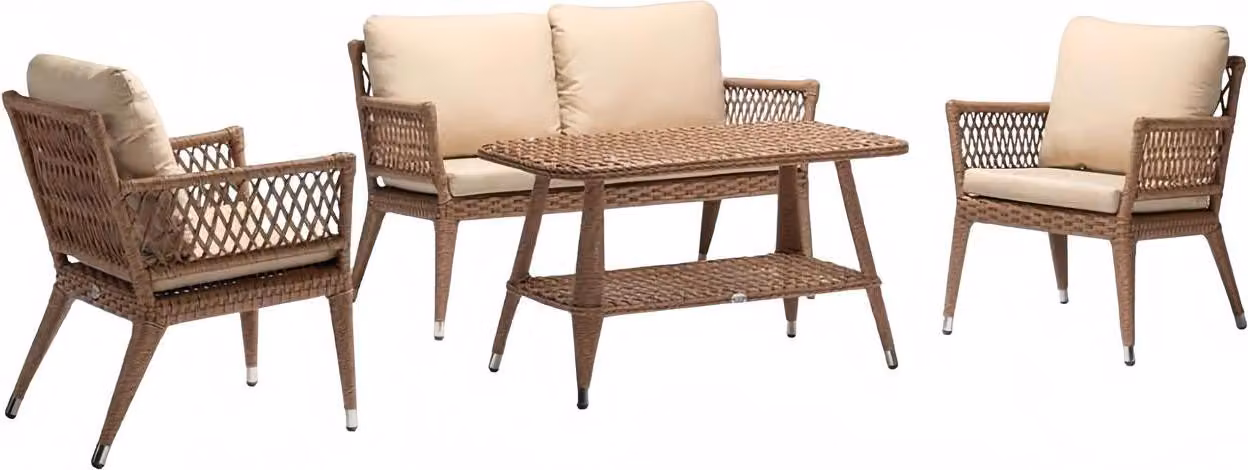 Sofagarnitur Sofa 2 Sitzer Luxuriöse Rattan Moderner 2x Sessel Couchtisch Braun