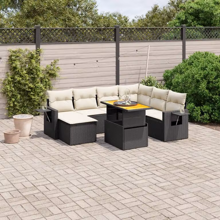 Set di divani da giardino vidaXL a forma di L con cuscini in polyrattan nero e tavolino da esterno, composto da 8 pezzi