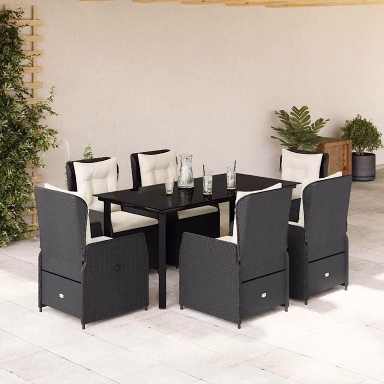 vidaXL Set da Pranzo da Giardino 7 pz in Polyrattan Nero con Cuscini e Tavolo in Vetro
