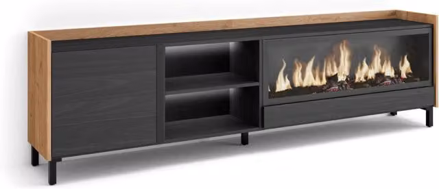 Mobile TV Soggiorno, 212x61x35 cm, Per TV fino a 80", Camino elettrico XXL, Design industriale, LED, Nero e rovere