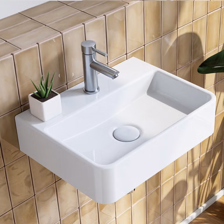 HOROW Lavabo sospeso Lavabo da appoggio con foro per rubinetto Lavandino piccolo in Vetroceramica bianca Lavandino rettangolare per il risciacquo delle mani 38 x 26 cm