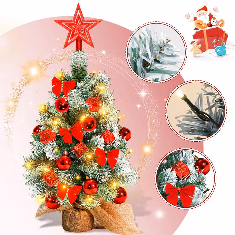 Ikodm, mini albero di Natale, 40 cm, rosso, con 30 LED, 50 rami, base in legno, stella, palline, fiocchi e scatoline regalo