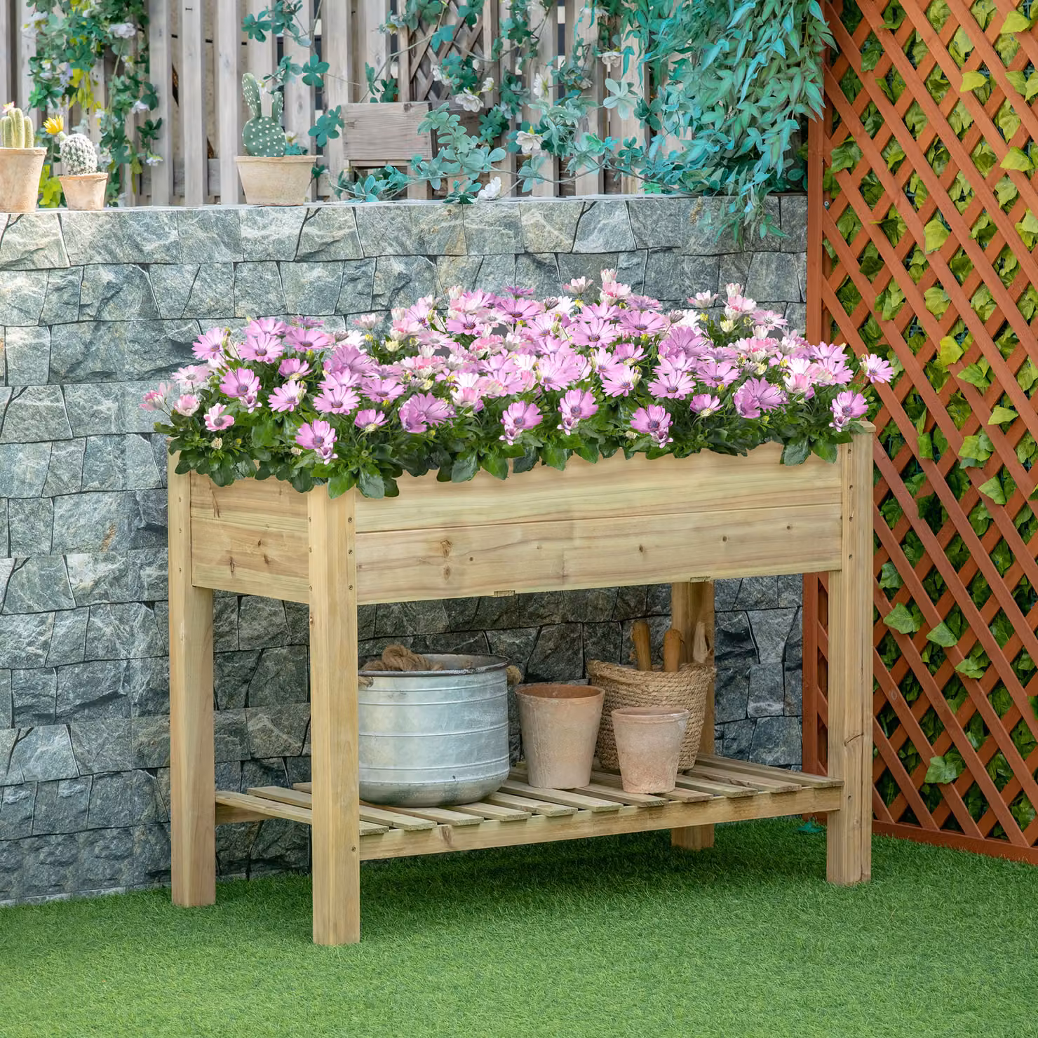 Fioriera rialzata Outsunny con ripiano di stoccaggio in legno naturale, aiuola quadrata per orto e giardino, L: 113 cm, P: 56 cm, H: 84 cm – 2
