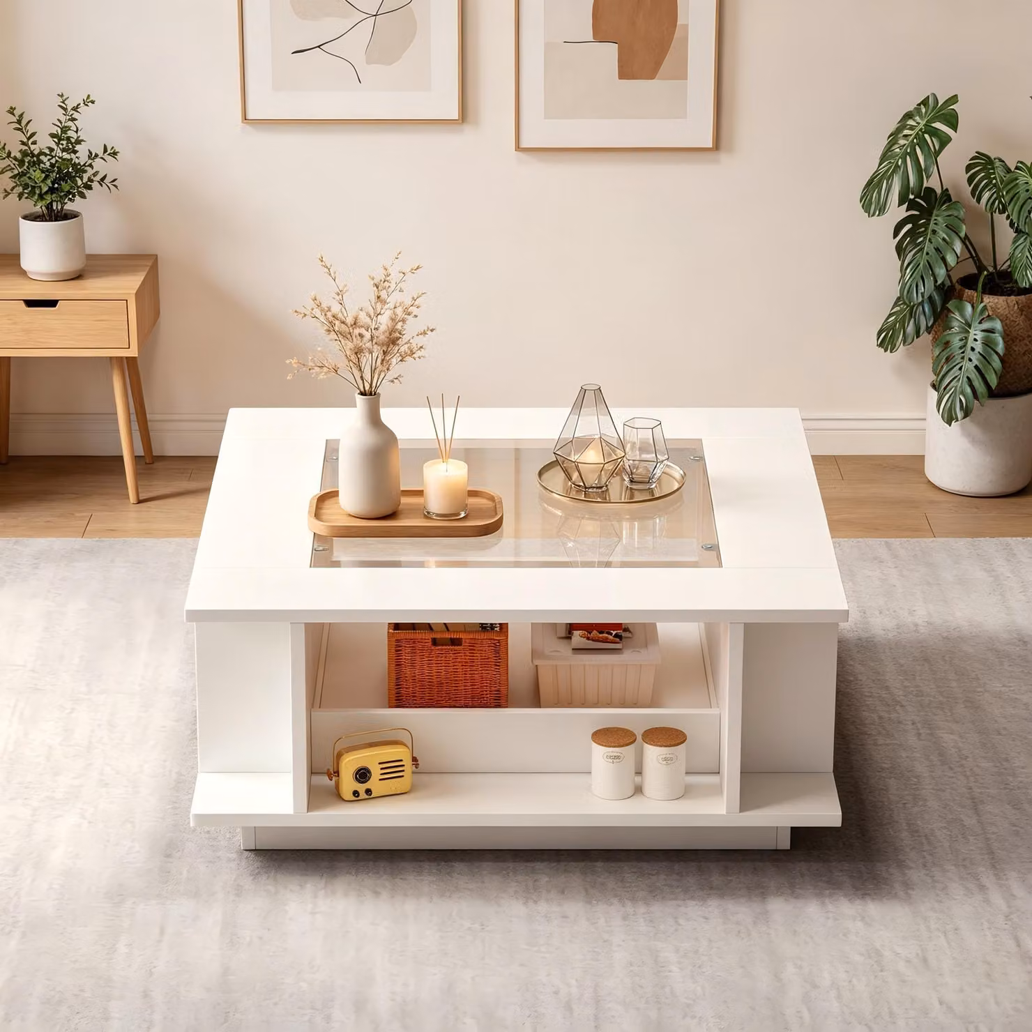 Tavolino quadrato con illuminazione LED e piano in vetro, tavolino da divano con spazio di stoccaggio aperto, tavolino da salotto con finitura lucida, bianco