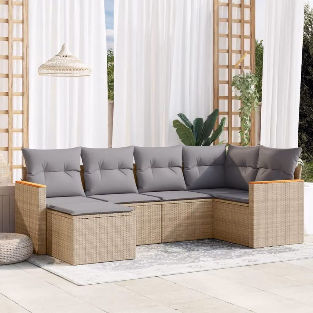 vidaXL Set Divano da Giardino a L 6 pz con Cuscini Beige e Grigio in Polyrattan e Acciaio – 1