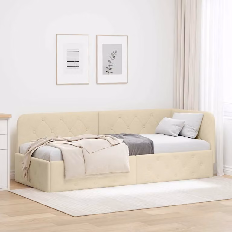Cornice del letto ad angolo vidaXL in tessuto beige con struttura in legno, L 200 x P 80 x H 40 cm