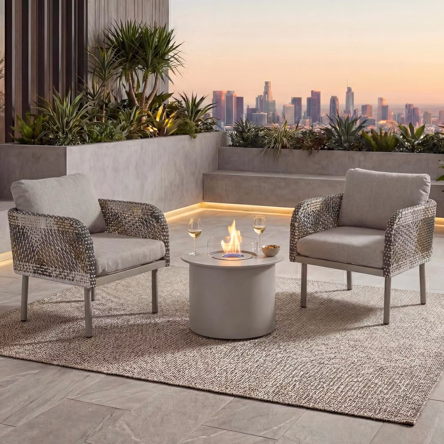 Set in polyrattan MCW-P80, set da giardino con sedie lounge, tavolo con braciere a bioetanolo in alluminio, tessuto 220 g/m² ~ beige crema