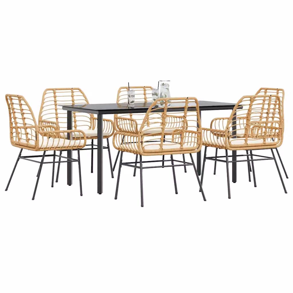 Set da pranzo da giardino vidaXL in polyrattan marrone con tavolo in vetro e 7 pezzi con cuscini