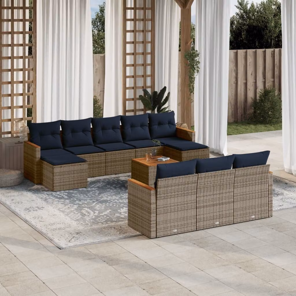 Set di divani da giardino vidaXL 11 pezzi in polyrattan con cuscini grigi e blu e struttura in legno di acacia oliato
