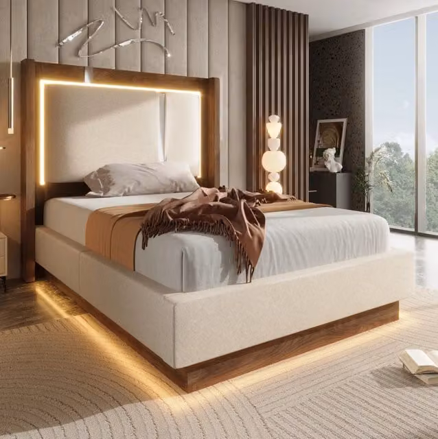 Letto singolo 90x200 cm con contenitore, rete a doghe e illuminazione LED, rivestimento in lino beige e finiture noce