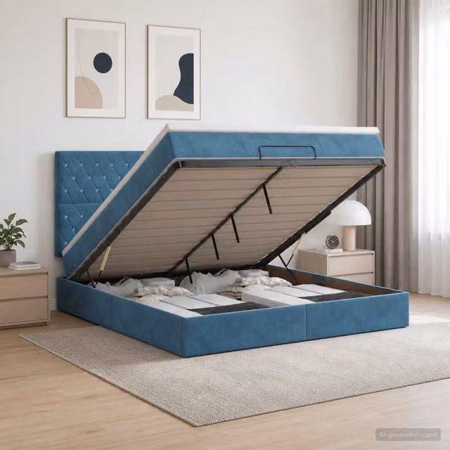Letto ottomano moderno vidaXL in velluto blu e bianco con base a sollevamento e materasso a molle L/P/H: 160 x 200 x 88 cm