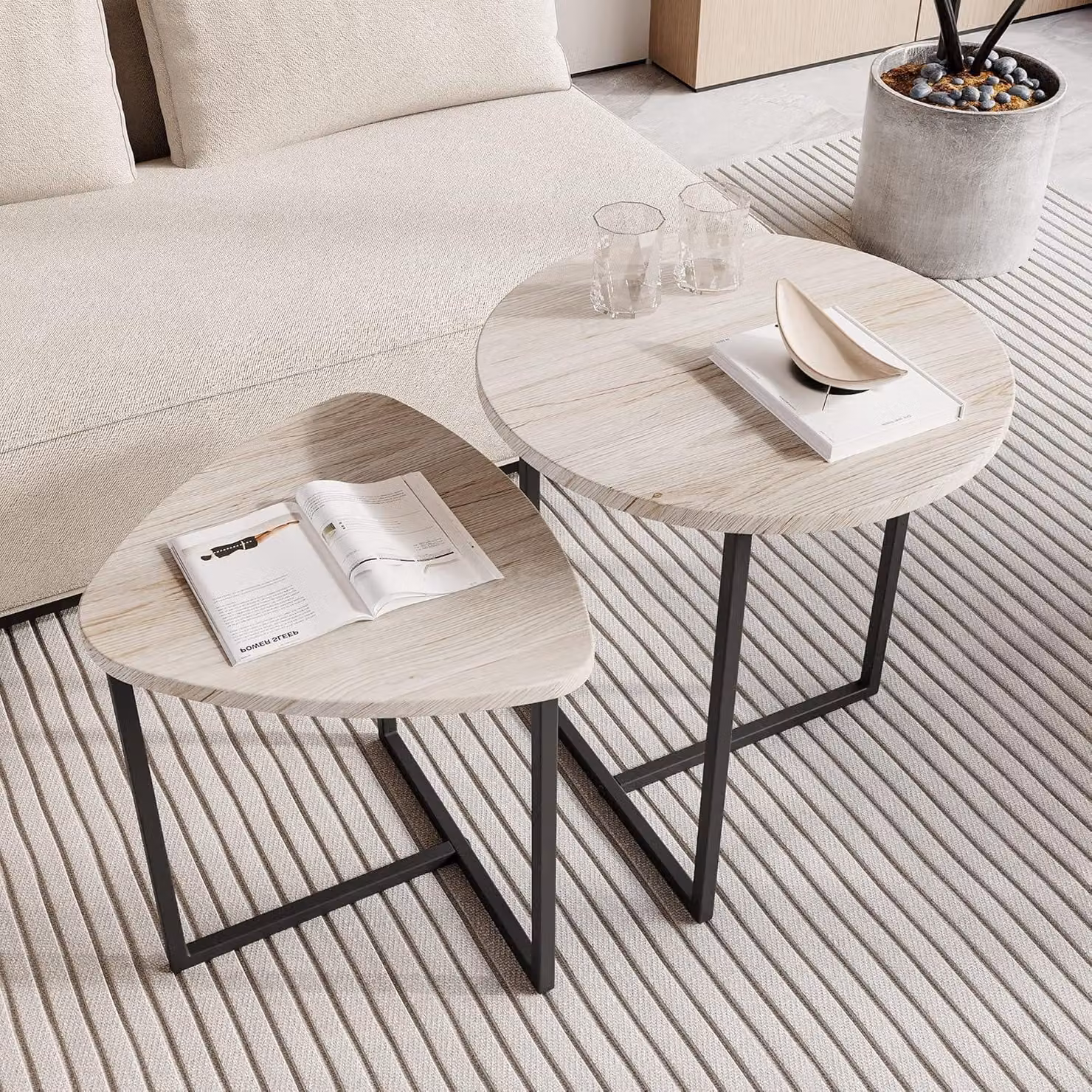 Tavolino rotondo set di 2 metallo legno rovere nero moderno