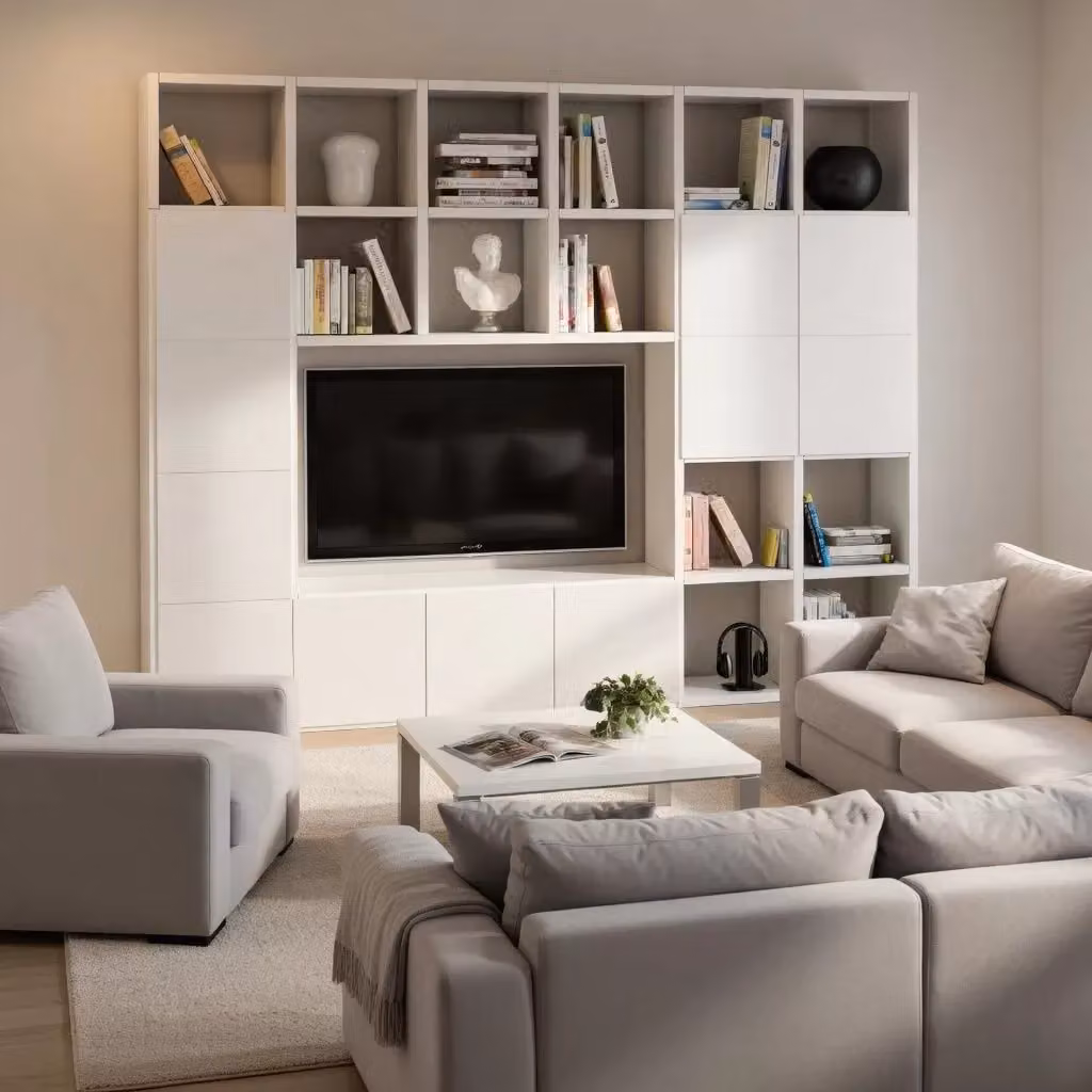 Parete attrezzata moderna Mobili 2G in frassino bianco con ripiani aperti e ante, L: 261 cm, P: 30 cm, H: 218 cm – 2