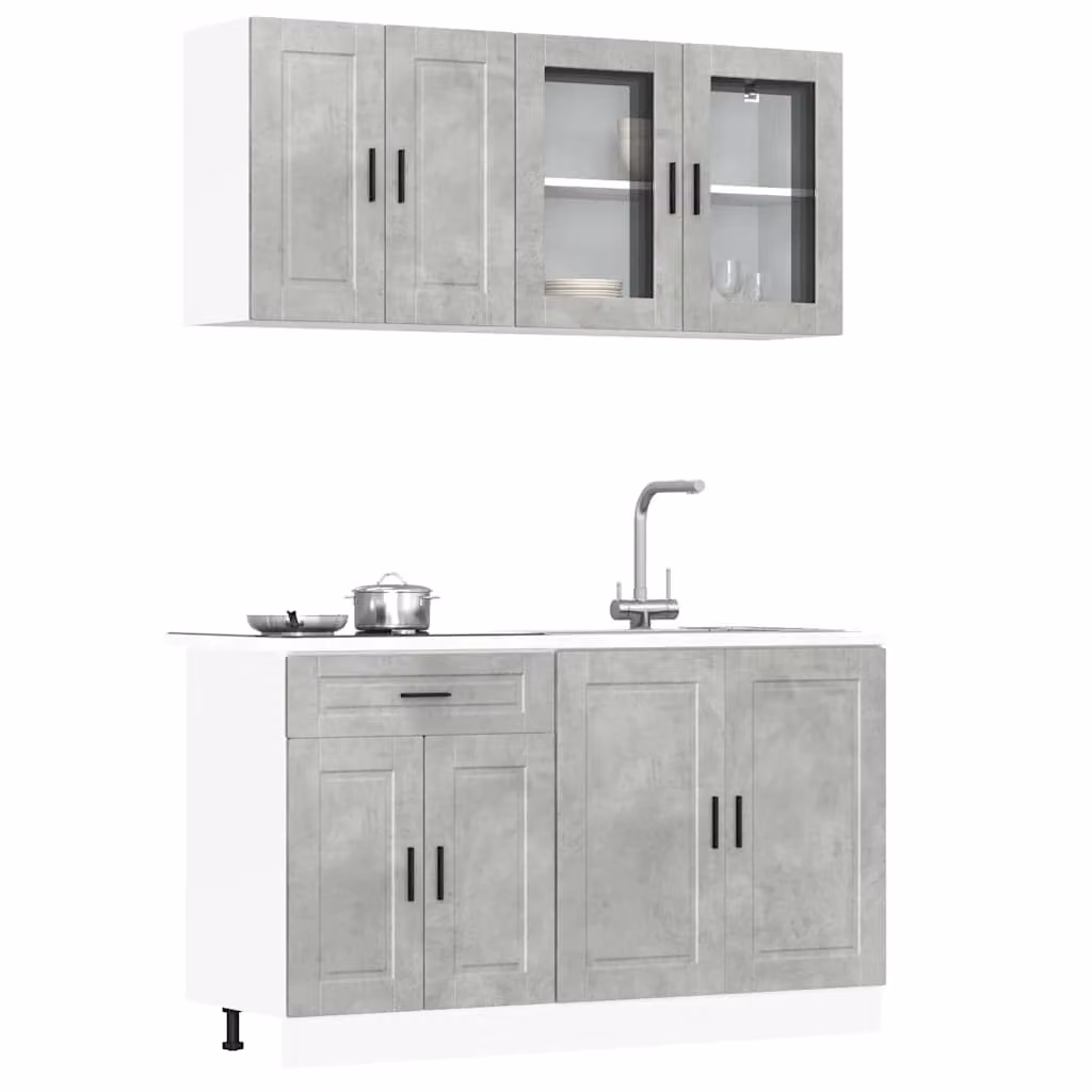 Set di mobili da cucina vidaXL 4 pezzi in stile moderno grigio cemento con ante in vetro e ripiani aperti in MDF e legno