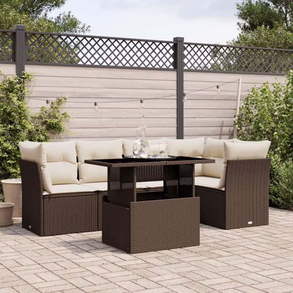 vidaXL Set Divano da Giardino a L 6 pz con Cuscini Marrone e Bianco in Polyrattan e Acciaio – 1