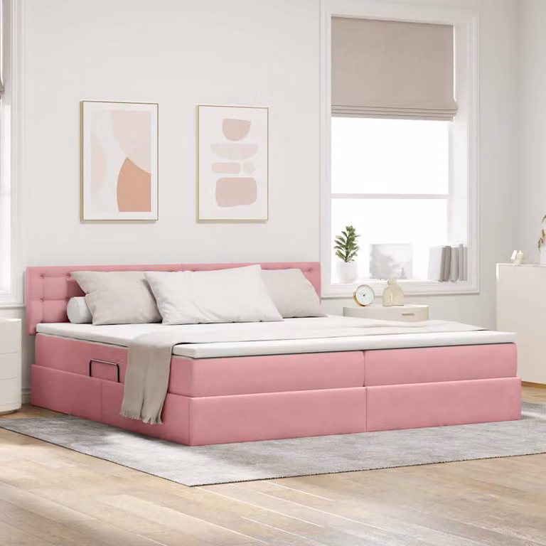 Letto con contenitore e testiera vidaXL in velluto rosa e bianco L/P/H: 200 x 200 x 280 cm