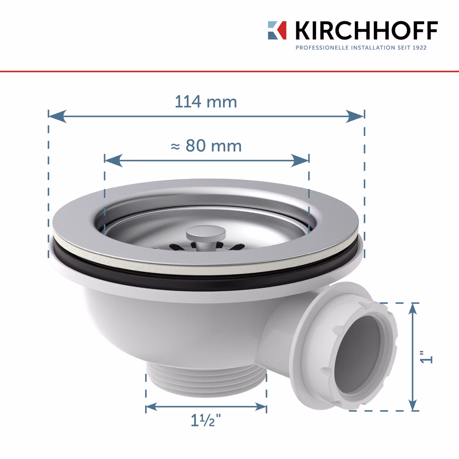 Valvola a cestello, 1 1/2" AG, calotta valvola e filtro in acciaio inox Ø 114 mm, con raccordo di troppo pieno da 1"
