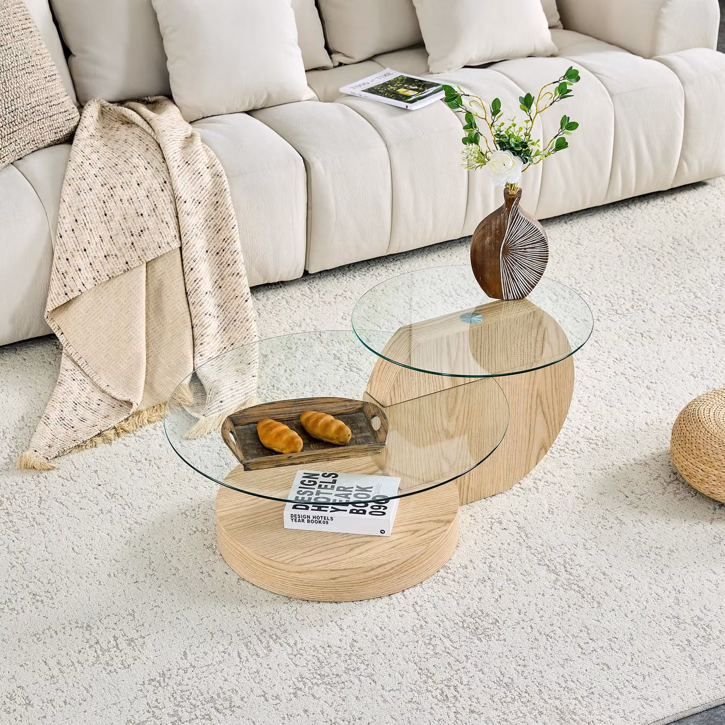 Tavolino da caffè, vetro temperato a due livelli, MDF, finitura effetto legno, disponibile in diversi colori (effetto legno)