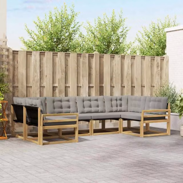 Set di divani da esterno a forma di U vidaXL in legno di acacia con cuscini bianchi e grigi