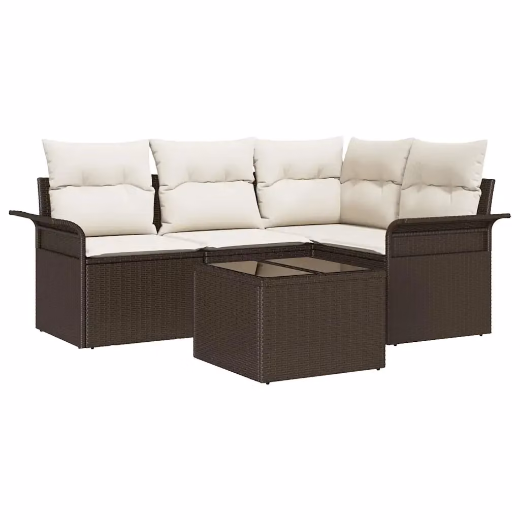 Set Divano da Giardino vidaXL 5 Pezzi Marrone con Poltrone, Divano a L e Tavolino in Polyrattan e Metallo con Cuscini Inclusi – 2