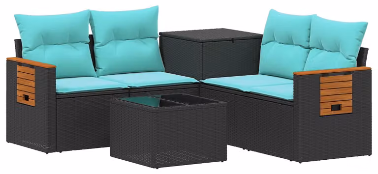Set di divani da esterno, 6 pezzi, colore nero e blu, realizzato in rattan sintetico e acciaio