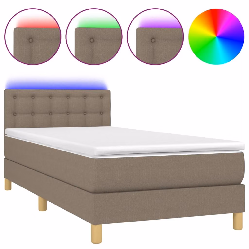 Letto a Molle con Materasso e LED Tortora 90x200 cm in Tessuto