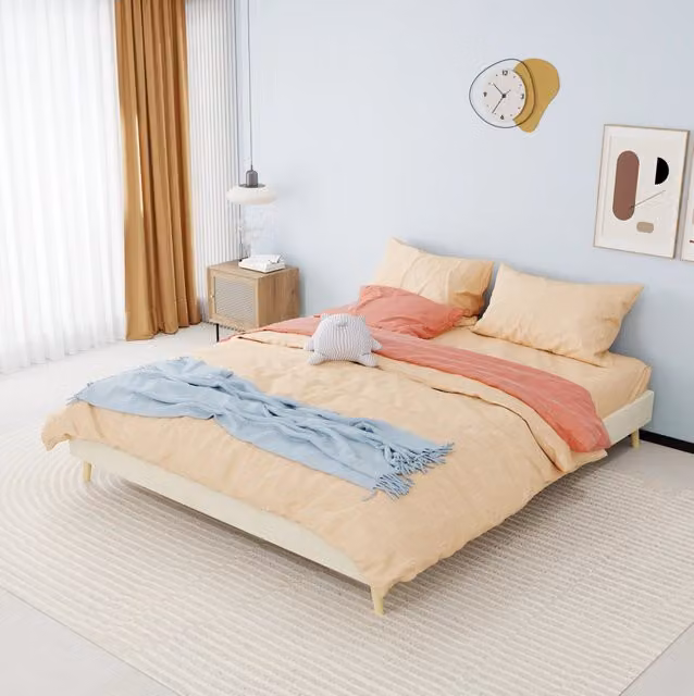 Struttura letto matrimoniale moderna MODFU in tessuto beige con struttura in metallo L: 160 cm, P: 200 cm