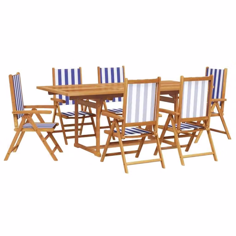 Set Pranzo Giardino 7pz Blu e Bianco Tessuto e Legno Massello