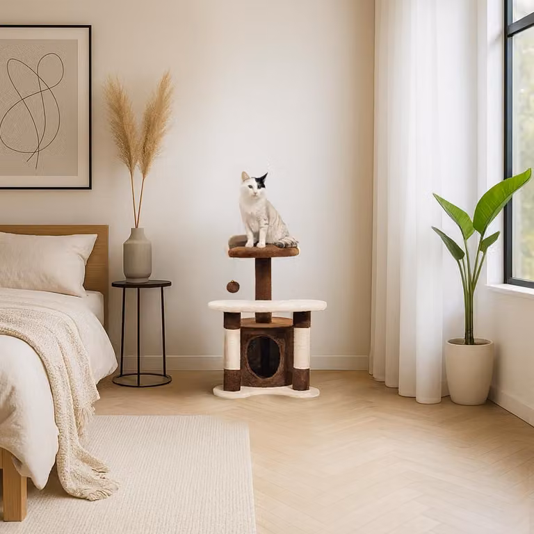 belviona tiragraffi per gatti 65 cm, tiragraffi compatto con grotta, area per sdraiarsi e pali in sisal, area di gioco e riposo stabile, marrone/beige