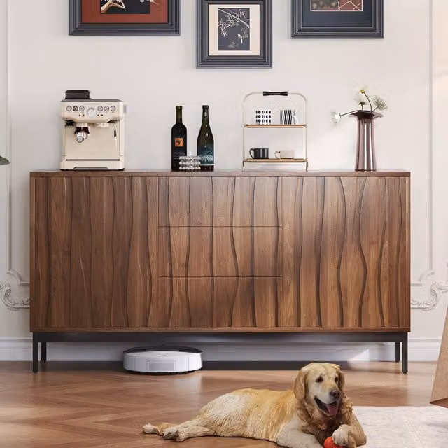 Sideboard Mid Century Modern 150 cm, legno di quercia scuro venato, 3 cassetti, grande mobile con ampia nicchia per cucina, soggiorno, ingresso e corridoio