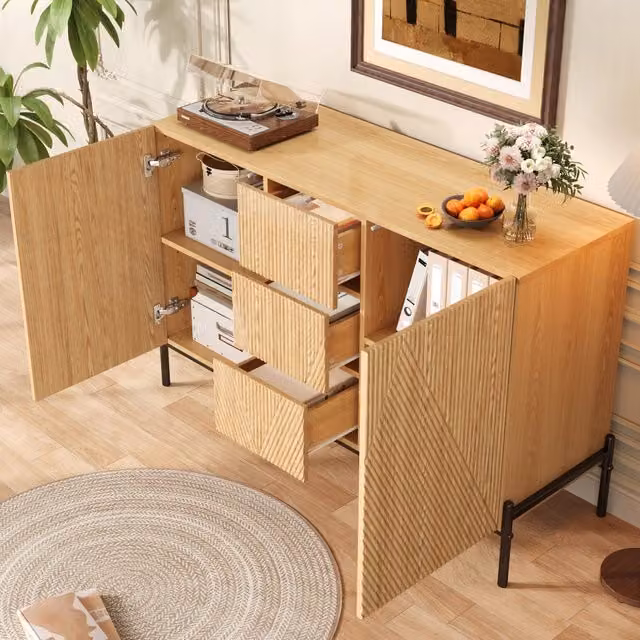 Credenza e madia con 2 ante e cassetto centrale, gambe in ferro, in MDF naturale, per soggiorno, 115.5 × 40 × 76 cm
