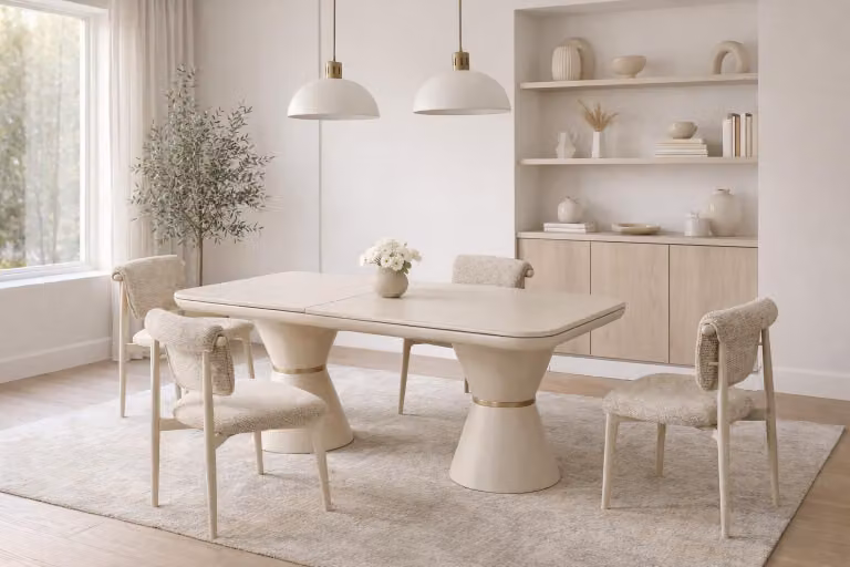 Elegante tavolo da pranzo color beige. Tavolo in legno di alta qualità. Mobili di pregio