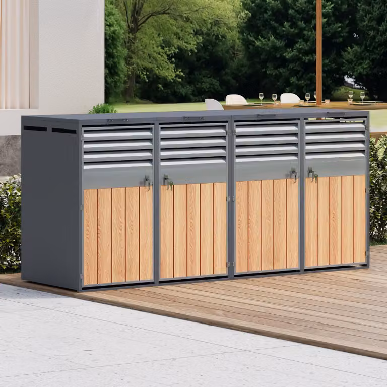 Contenitore per bidoni della spazzatura Moonbite, modello 264 cm, per quattro bidoni, con coperchio a ribalta, rivestimento esterno ampio con sistema di ventilazione a lamelle, chiudibile a chiave, realizzato in acciaio zincato, colore grigio