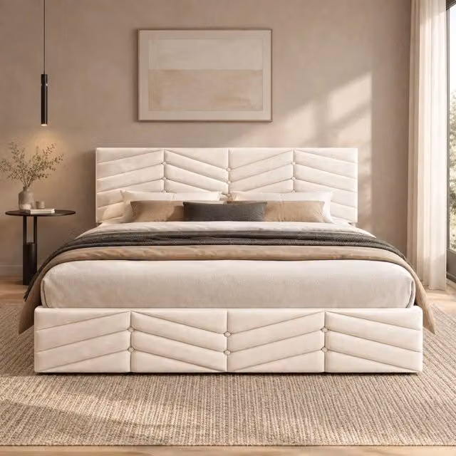 Letto imbottito 140x190 cm in velluto beige con testiera regolabile