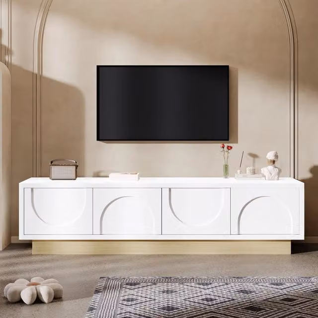 Mobile TV bianco con base effetto legno 175x40x41,5 cm con design curvo minimalista e ampio spazio contenitivo