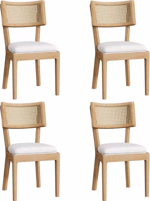 Set di 4 Sedie da Pranzo in Legno Massello con Schienale in Rattan e Cuscino in Lino, Design Moderno e Traspirante